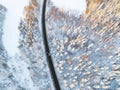 Aerial view of a car on winter road in the forest. Winter landscape countryside. Aerial photography of snowy forest with a car on Royalty Free Stock Photo
