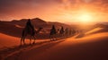 Aerial View of a Caravan of Camels Crossing the Sahara Desert at Sunset