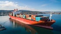 Aerial view of cargo container ship on ocean. Container loading cargo freight ship boat. Generative Ai Illustration