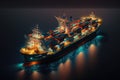 Aerial view of cargo container ship in the sea at night. Generative AI