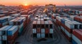 Aerial View of Cargo Container Yard at Sunset with Cranes and Stacks of Intermodal Containers for Global Trade and Royalty Free Stock Photo