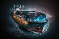 Aerial view of cargo maritime ship in the ocean. Generative AI