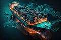 Aerial view of cargo maritime ship in the ocean. Generative AI