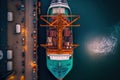 Aerial view of cargo maritime ship in port. Generative AI