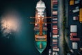 Aerial view of cargo maritime ship in port. Generative AI