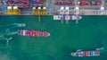 Aerial view cargo ship terminal, Unloading crane of cargo ship terminal, Aerial view industrial port with containers and container