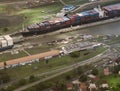 Aerial View Of Cargo Ships Passing Through Miraflores Locks At P Royalty Free Stock Photo