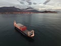 Aerial view of a cargo vessel loaded with rotor blades for wind turbines