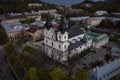 Aerial view on Carmelite Church Michael the Archangel church in Lviv, Ukraine from drone. Consecration of Easter food, cakes,