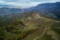 Aerial view of Carpathian mountains countryside in autumn morning