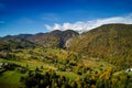 Aerial view of Carpathian mountains countryside in autumn morning