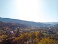 Aerial view of the Carpathian mountains, hiking trail to the peak of Pop Ivan, Mount Smotrych. alpine vegetation, blueberries and