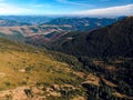 Aerial view of the Carpathian mountains, hiking trail to the peak of Pop Ivan, Mount Smotrych. alpine vegetation, blueberries and