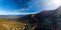 Aerial view of the Carpathian mountains, hiking trail to the peak of Pop Ivan, Mount Smotrych. alpine vegetation, blueberries and