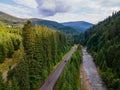 aerial view carpathian mountains road near river Royalty Free Stock Photo