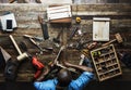 Aerial view of carpenter man working with tools equipment set