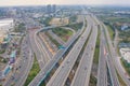 Aerial view of cars driving on highway or moterway. Overpass bridge street roads in connection network of architecture concept.