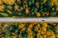 Aerial view of cars on fall country road in colorful autumn forest in Finland