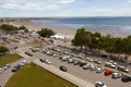 Aerial view of cars parked at a beach in Puerto Madryn, Chubut, Argentina Royalty Free Stock Photo