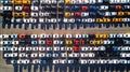 Aerial view Cars For Sale. Automotive Industry. Cars Dealership Parking Lot. Rows of Brand New Vehicles Awaiting New Owners Royalty Free Stock Photo