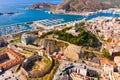 Aerial view of Cartagena port city with buildings and coast line, Murcia