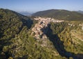 Aerial view of Castellfollit de la Roca cliff village in Catalonia