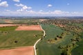 Aerial view of a Castilian countryside with country houses and plots of land