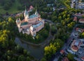 Aerial view of castle Bojnice, Central Europe, Slovakia. UNESCO. Sunset light. Royalty Free Stock Photo