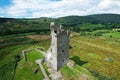 Aerial view of Castle Donovan, the remains of an Irish tower house in a valley near Drimoleague Royalty Free Stock Photo