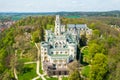 Aerial view on the castle in Hluboka nad Vltavou, historic chateau with beautiful gardens near Ceske Budejovice, Czech