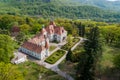 Aerial view of castle-palace of the Count Schonborn near Mukachevo, Zakarpattia, Ukraine