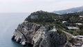 Aerial view of the castle Swallow's Nest, Crimea. Action. Breathtaking cliff with a beautiful ancient castle above the Royalty Free Stock Photo