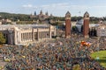 Aerial view of the catalan independentist rally at Plaza Espanya. La Diada, Catalonia`s National Day