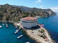 Aerial view of Catalina Casino and Avalon harbor with sailboats. Royalty Free Stock Photo