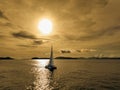 Aerial view of a catamaran on the andaman sea. Sunset sailing in Phuket, Thailand Royalty Free Stock Photo