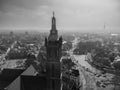 Aerial view of the Cathedral of Munsterkerk in the Netherlands in grayscale