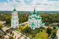 Aerial autumn view of Cathedral of the Nativity of the Most Holy Mother of God in Kozelets town, Chernihiv region, Ukraine