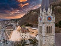 Aerial view of Cathedral of St. Florin in Vaduz, Liechtenstein. Royalty Free Stock Photo