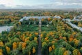 Aerial view of the Catherine Park with a large pond in Tsarskoe Selo. The city of Pushkin. Catherine Palace. Russia, Pushkin, 09. Royalty Free Stock Photo