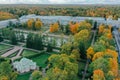 Aerial view of the Catherine Park with a large pond in Tsarskoe Selo. The city of Pushkin. Catherine Palace. Russia, Pushkin, 09. Royalty Free Stock Photo