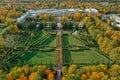 Aerial view of the Catherine Park with a large pond in Tsarskoe Selo. The city of Pushkin. Catherine Palace. Russia, Pushkin, 09. Royalty Free Stock Photo