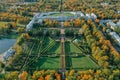 Aerial view of the Catherine Park with a large pond in Tsarskoe Selo. The city of Pushkin. Catherine Palace. Russia, Pushkin, 09. Royalty Free Stock Photo