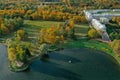 Aerial view of the Catherine Park with a large pond in Tsarskoe Selo. Pushkin. Catherine Palace. Cameronov Gallery.Russia, Pushkin Royalty Free Stock Photo