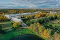 Aerial view of the Catherine Park with a large pond in Tsarskoe Selo. Pushkin. Catherine Palace. Cameronov Gallery.Russia, Pushkin Royalty Free Stock Photo