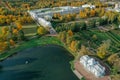 Aerial view of the Catherine Park with a large pond in Tsarskoe Selo. Pushkin. Catherine Palace. Pavilion Grotto. Russia, Pushkin Royalty Free Stock Photo