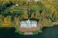 Aerial view of the Catherine Park with a large pond in Tsarskoe Selo. Pushkin. Catherine Palace. Pavilion Grotto. Russia, Pushkin Royalty Free Stock Photo