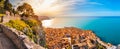 Aerial view of Cefalu at sunset. Medieval town on Sicily island, Italy. Seashore village with sandy beach, sea, historic Royalty Free Stock Photo