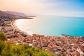 Aerial view of Cefalu at sunset. Medieval town on Sicily island, Italy. Seashore village with sandy beach, sea, historic Royalty Free Stock Photo