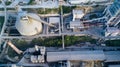 Aerial view of cement manufacturing plant. Concept of buildings at the factory, steel pipes, giants. Royalty Free Stock Photo