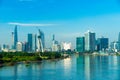 Aerial view of center Ho Chi Minh City, Vietnam with Bitexco Financial tower, Thu Thiem 2 bridge, buildings, energy power Royalty Free Stock Photo